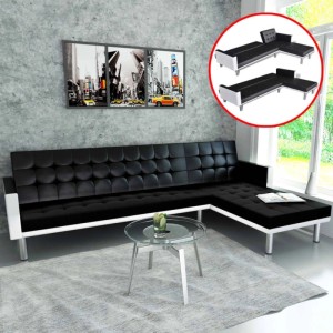 Schwarzes vidaXL Schlafsofa in L-Form aus Kunstleder, auch als Bett nutzbar.