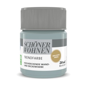 Schöner Wohnen Trendfarbe Maui, matte Wandfarbe im kleinen 50 ml Farbtopf.