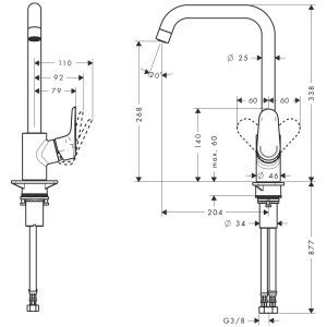 Technische Zeichnung: Hansgrohe Ecos L Einhebel-Küchenarmatur, Chrom, mit Maßen.