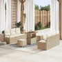 Beige 9-teilige Garten-Sofagarnitur aus Rattan mit Kissen und Akazienholz. Ideal für den Garten oder die Terrasse.