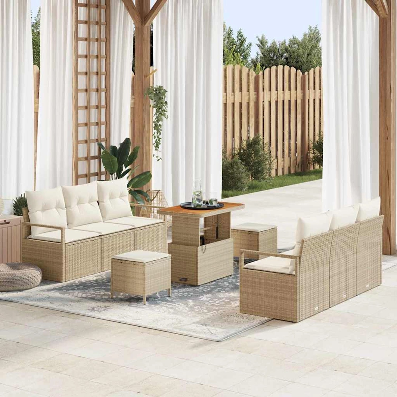 Beige 9-teilige Garten-Sofagarnitur aus Rattan mit Kissen und Akazienholz. Ideal für den Garten oder die Terrasse.