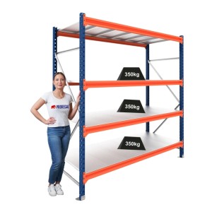 PROREGAL DOMINUS Weitspannregal, 250cm, blau-orange, 4 Stahlplatten-Ebenen, 350 kg Fachlast. Für Lager & Werkstatt.
