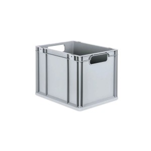 Graue Eurobox 30L mit Scharnierdeckel und gelben Verschlüssen, geeignet zur Aufbewahrung und Lagerung.