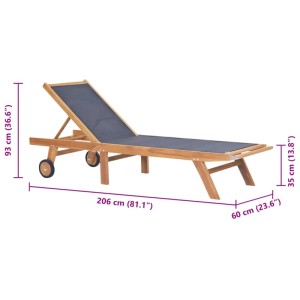 Klappbare Sonnenliege aus Teakholz mit Rädern und Textilene-Bezug. Gartenliege für Terrasse und Pool.
