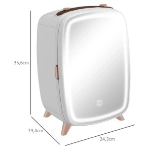 Weißer HOMCOM Kosmetik Mini Kühlschrank aus Kunststoff/Glas mit Spiegel, LED-Licht. 6L, 24,3L x 19,4B x 35,6H cm.