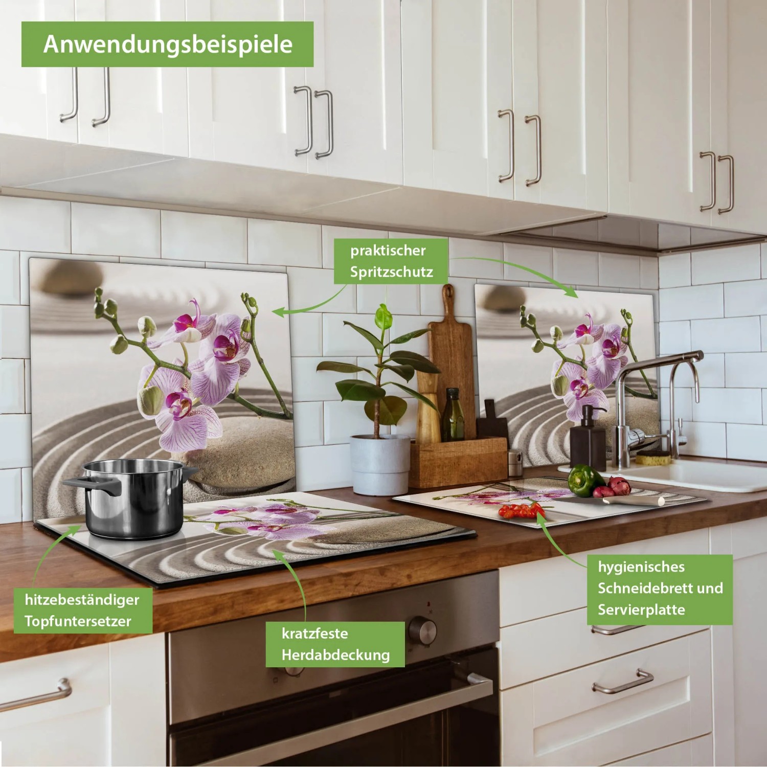 Banjado Herdabdeckplatte Glas Zen Relax als Schneidebrett und Spritzschutz in Küche.