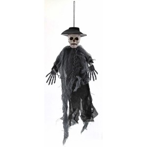 Hängender Geist aus Kunststoff, 40 cm, schwarz-grau, mit Totenkopf, Hut und zerfetztem Stoff für Halloween.