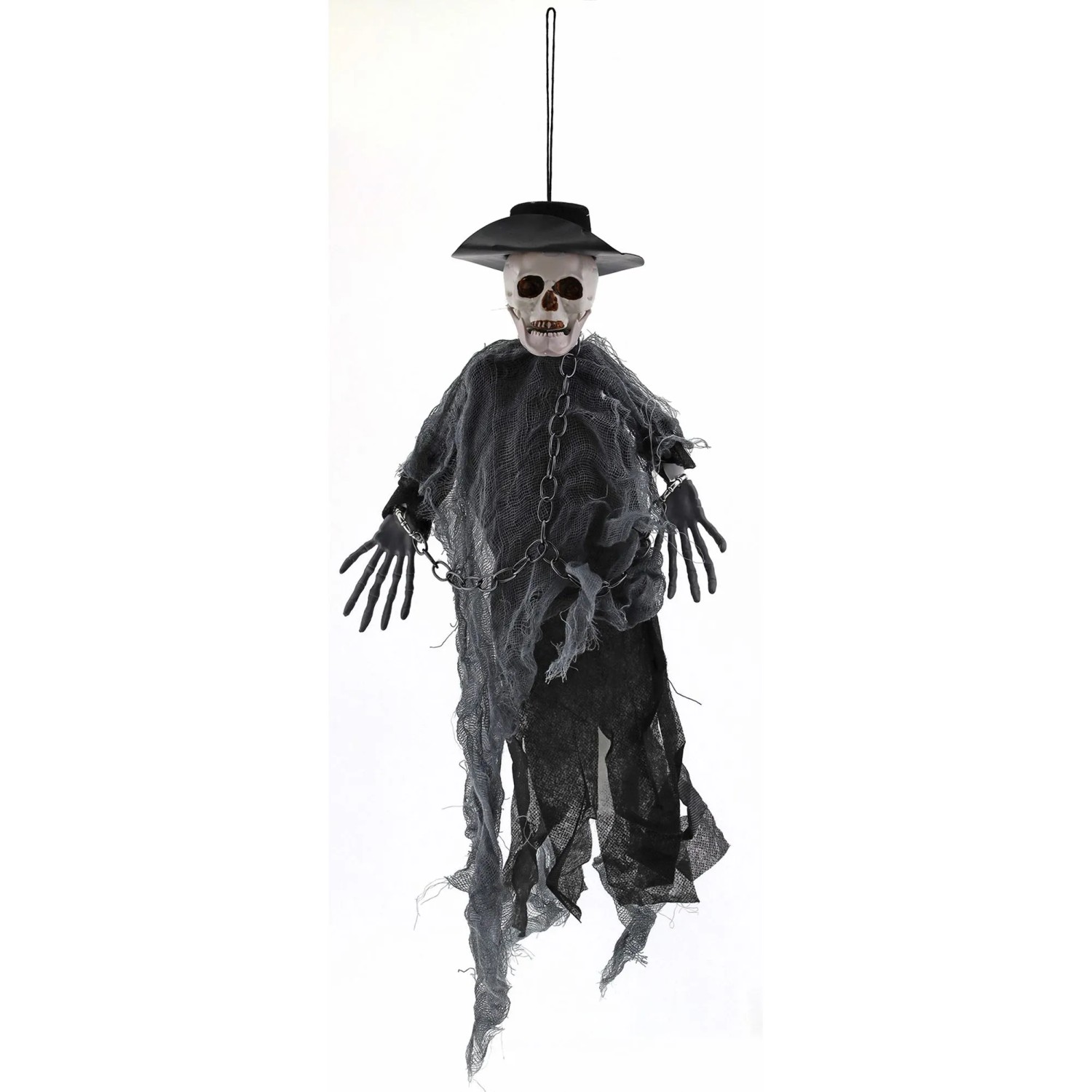 Hängender Geist aus Kunststoff, 40 cm, schwarz-grau, mit Totenkopf, Hut und zerfetztem Stoff für Halloween.