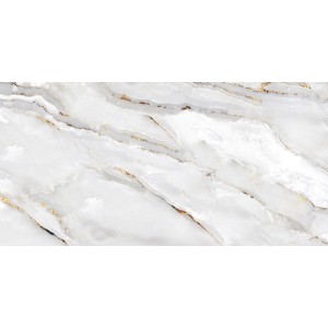 Bodenfliese Feinsteinzeug, glasiert und poliert, 60x120 cm, Marmoroptik mit goldenen Akzenten.