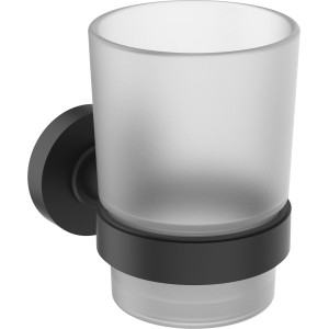 Ideal Standard Zahnputzbecher IOM Silk Black mit Glas-Einsatz und schwarzer Metallhalterung.