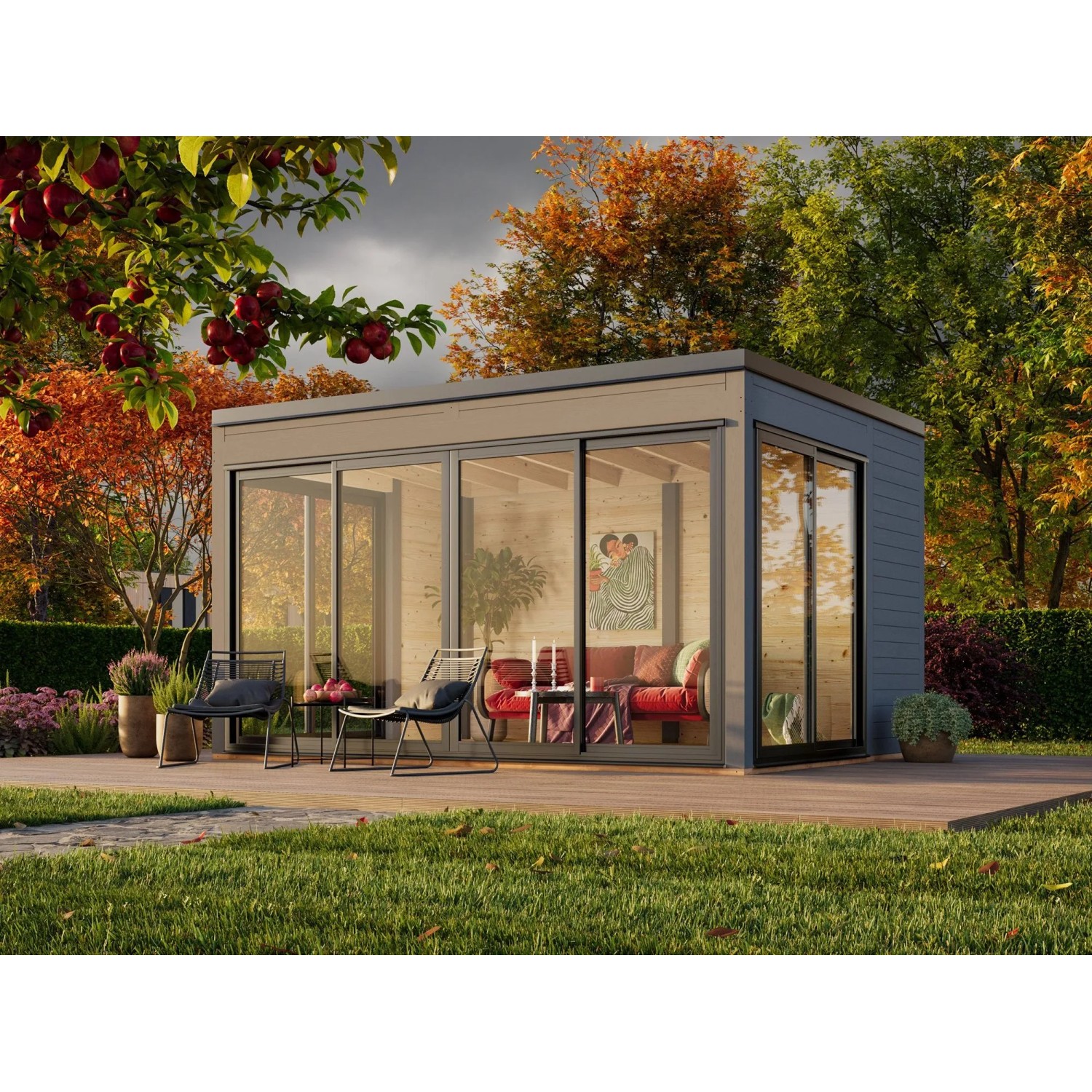 Palmako Holz-Gartenhaus Serena Slide Plus Pultdach Lackiert 420 cm x 320 cm