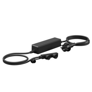 Schwarzer 100W 24V Trafo für Außenbeleuchtungssysteme mit 2 Ausgängen und Netzkabel. IP44 Netzteil für Garten-Lichtsystem.
