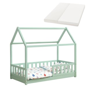 Mintfarbenes Juskys Kinderbett Marli 80x160 cm mit Matratze und Lattenrost in Hausform.