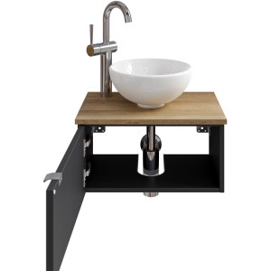 Pelipal Einzelwaschtisch Serie 6915, 51 cm, Schwarz, mit Keramikbecken und offenem Unterschrank.