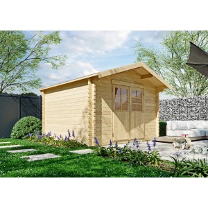 Unbehandeltes Kiehn-Holz Gartenhaus KH 44-003, 300x300 cm, aus naturbelassener Fichte im Garten.