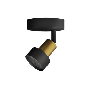 Schwarzer Conduit Spot mit goldenen Akzenten, GU10 Fassung, ideal für Wand- oder Deckenmontage.