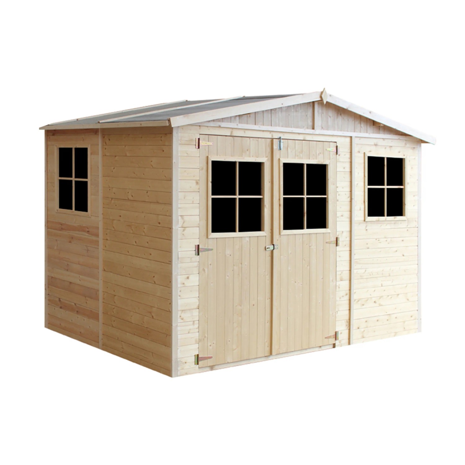 Timbela Gartenhaus M334 aus Holz, 6,03 m², mit Fenstern und Doppeltür. Ideal als Abstellraum im Garten.