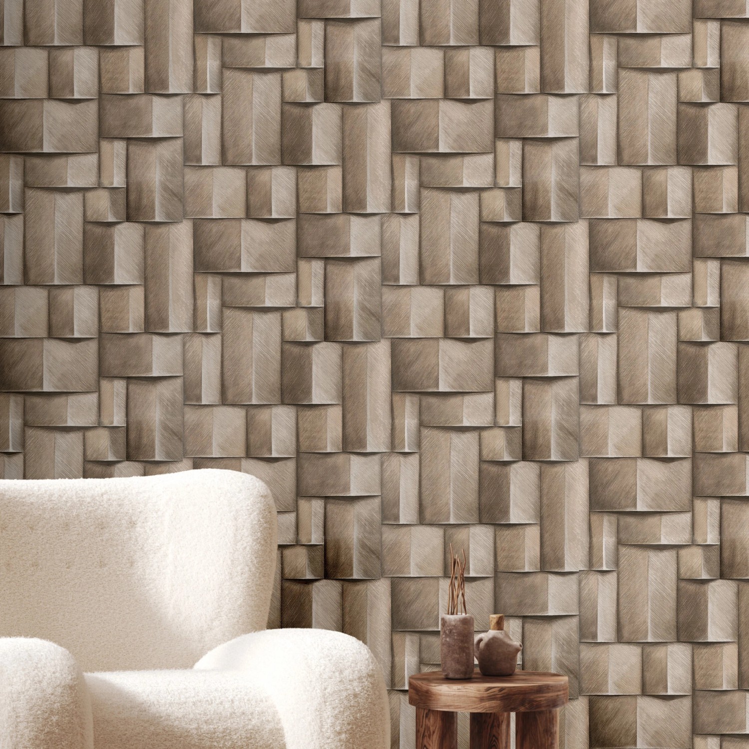 Beige Marburg Vliestapete in 3D-Optik mit grafischem Muster für moderne Wohnräume.