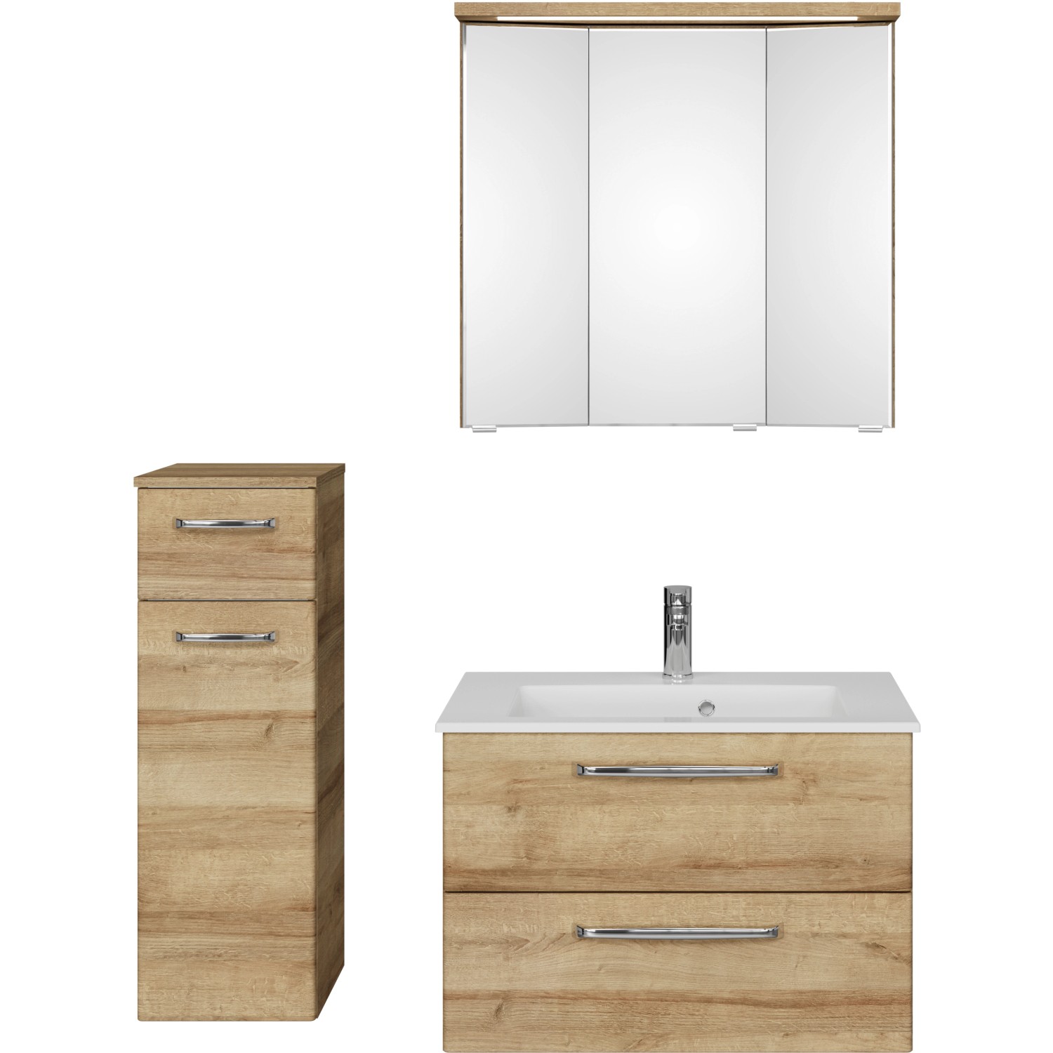 Pelipal Badmöbel-Set Trentino, Unterschrank, 3D-Spiegelschrank, 107 cm, Weiß und Riviera Eiche Dekor.