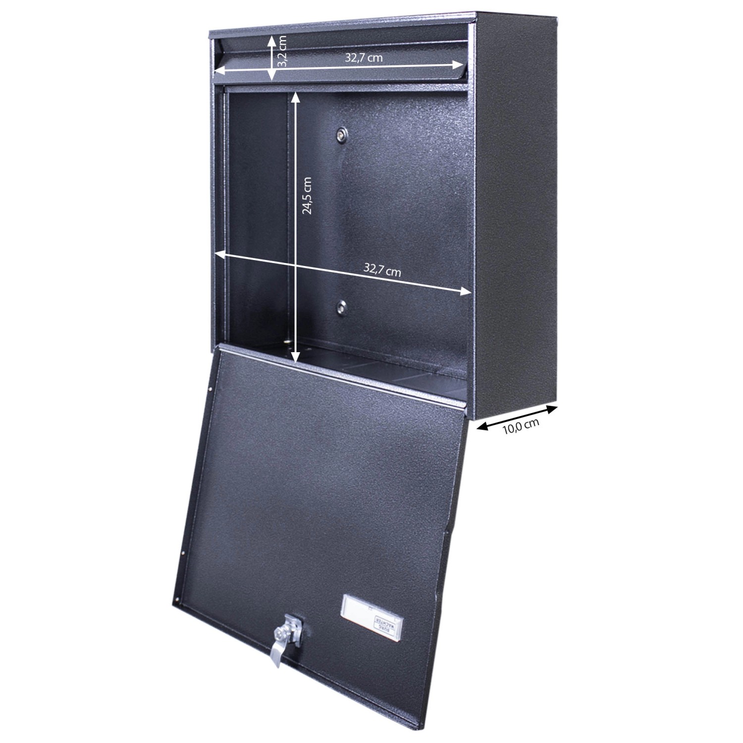 Burg-Wächter Doppelbriefkasten, schwarz, mit offenem Fach und Maßen. Ideal für 2 Parteien.
