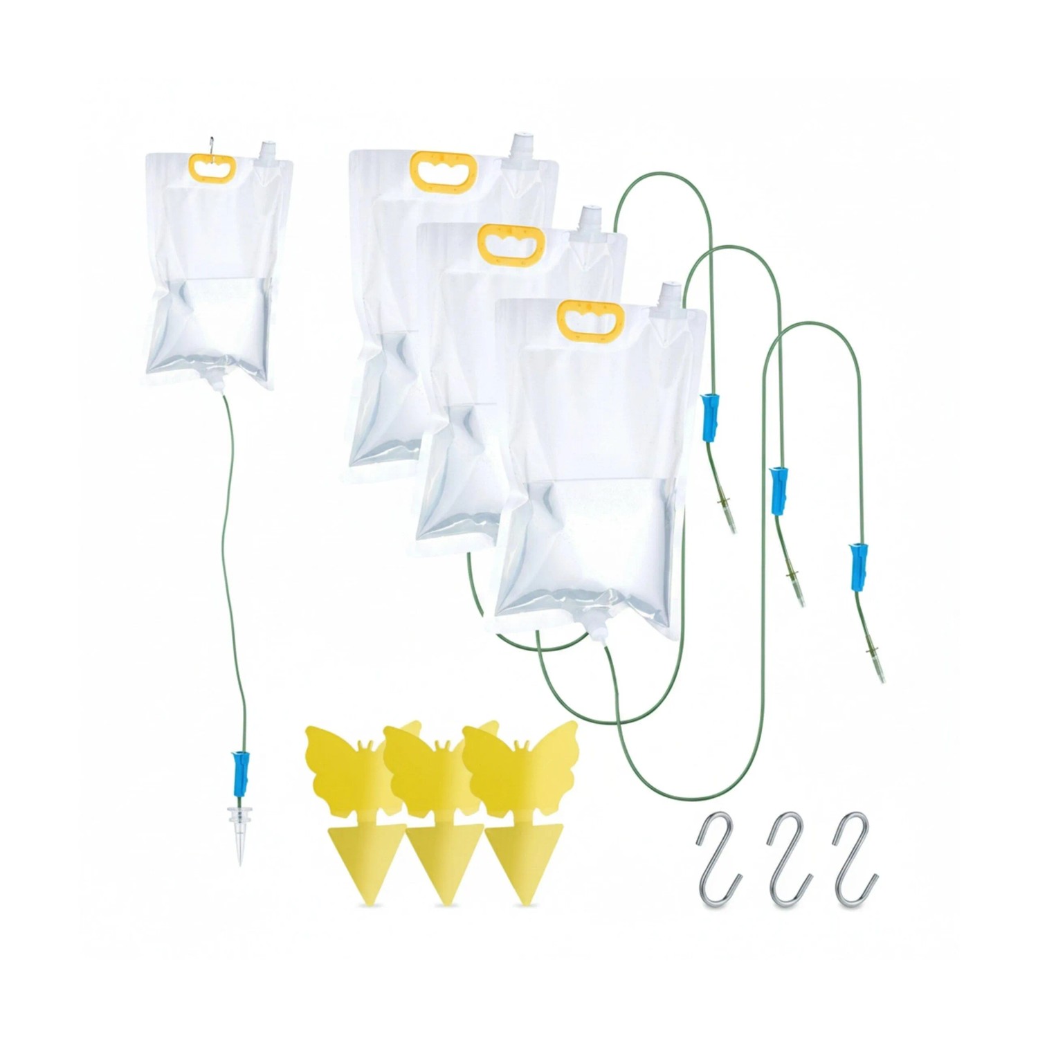 Relaxdays Tropfbewässerungsbeutel und Gelbsticker 4er Set Kunststoff Transparent Grün Blau Gelb Einstellbar 38 cm x 25 cm