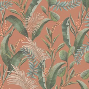 PROFHOME Blumentapete mit floralem Muster in Orange, Rot, Grün und Beige.