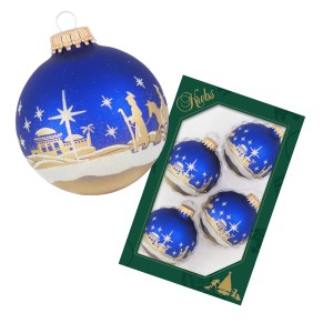 Krebs Glas Lauscha Weihnachtsbaumkugeln Bethlehem blau, 4er Set, 7cm. Christbaumkugeln mit Bethlehem Motiv.