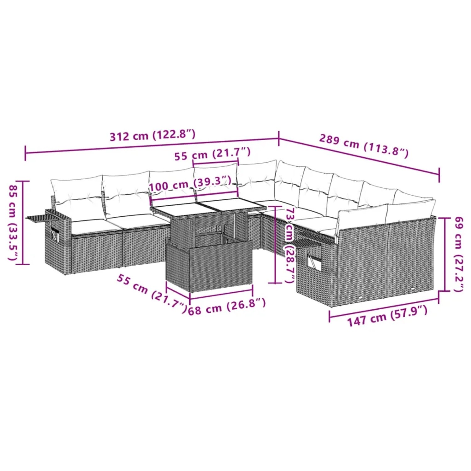 Graue 11-tlg. vidaXL Garten-Sofagarnitur aus Polyrattan mit Tisch und Kissen.