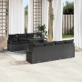 Schwarzes 9-teiliges vidaXL Garten-Sofa-Set aus Poly Rattan mit Tisch und Auflagen für Terrasse und Garten.