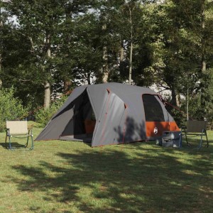 Grau-oranges vidaXL Dome Zelt für 4 Personen im Grünen, mit Campingstühlen und Kühler. Ideal für Outdoor-Camping.