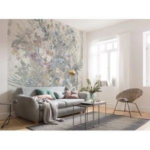Wohnraum mit Komar Fototapete Vlies Bouquet Blowout mit Blumenmuster in Pastellfarben.