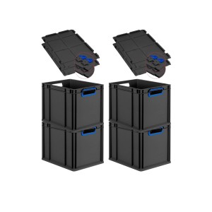 PROREGAL SuperSparSet: 4 schwarze Euroboxen mit blauem Griff und Scharnierdeckel, 30 Liter.