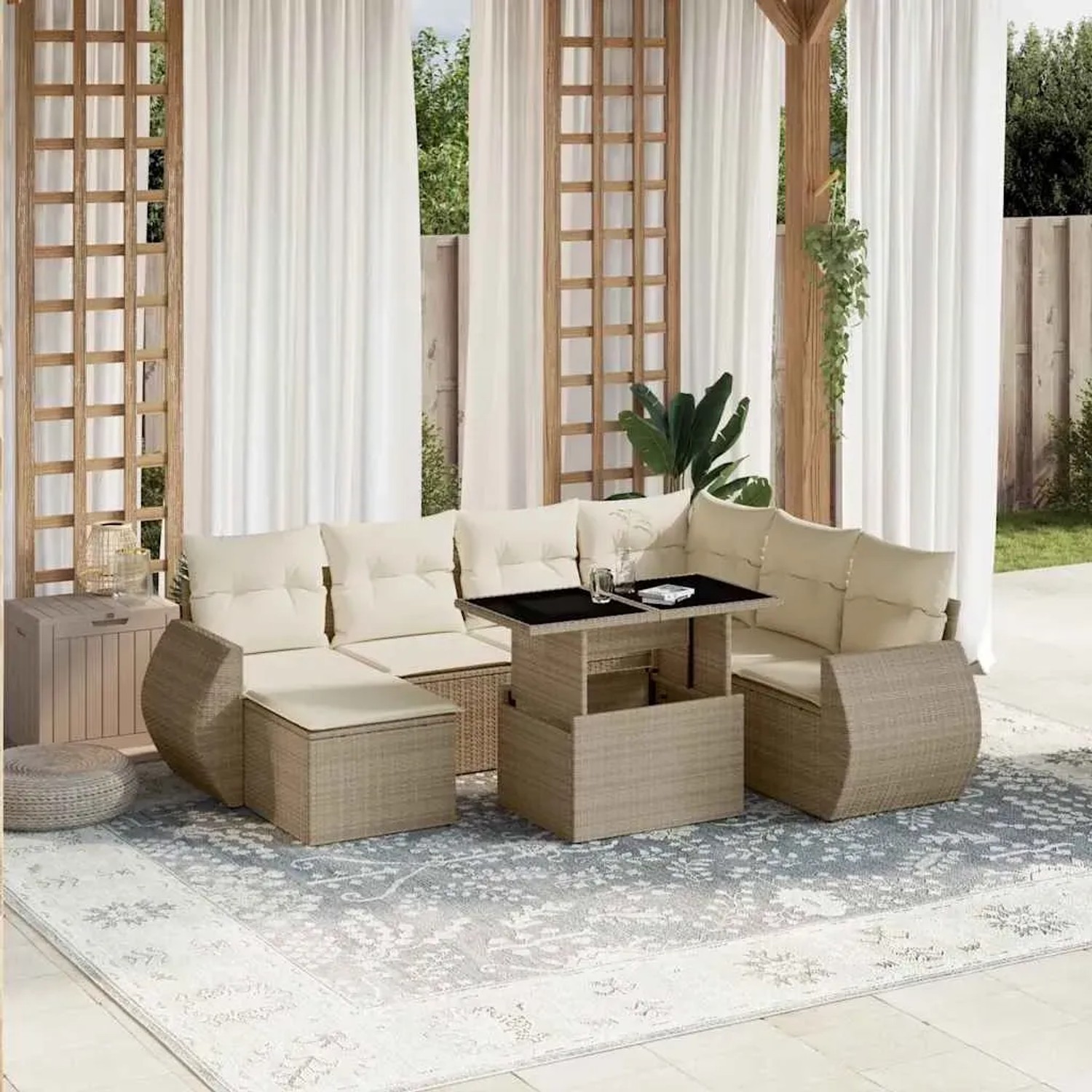 Beige 8-tlg. vidaXL Garten-Sofagarnitur aus Poly Rattan mit Tisch und Kissen.