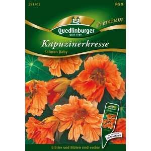 Samentüte Quedlinburger Kapuzinerkresse 'Salmon Baby' mit apricotfarbenen Blüten.