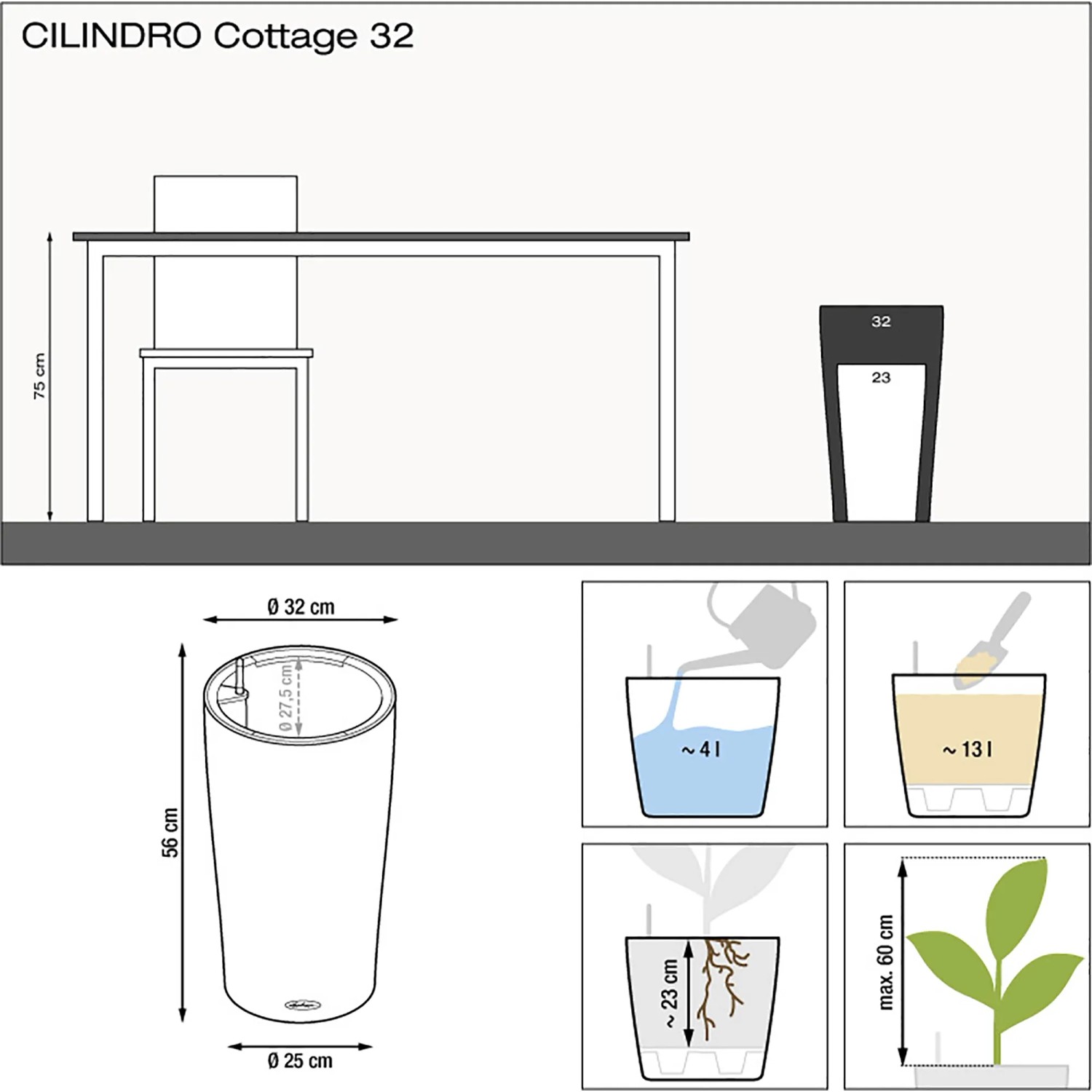 Lechuza Cilindro Cottage Pflanzsäule Mokka, Ø 32cm, mit Erdbewässerung, Schemazeichnung