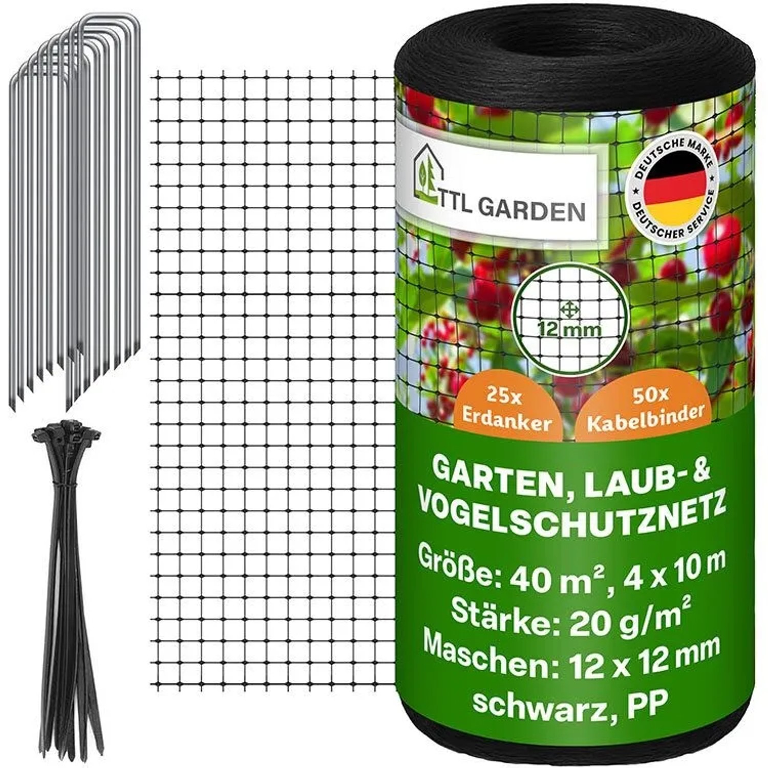 TTL GARDEN Vogelschutznetz 4x10m 12x12mm 20g/m² Schwarz Laubnetz Teichnetz Beetschutznetz Obstbaumnetz inkl. 25 Erdanker