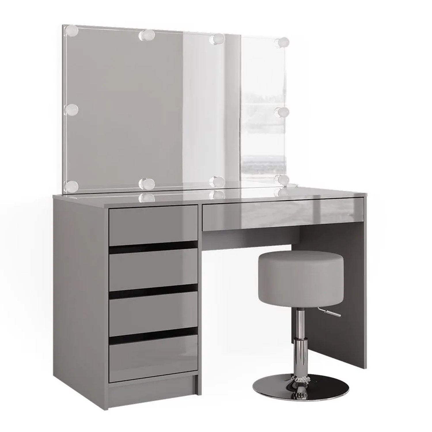 Vicco Schminktisch Sherry Grau 120 x 145 mit Spiegel, LED-Lichterkette und Hocker