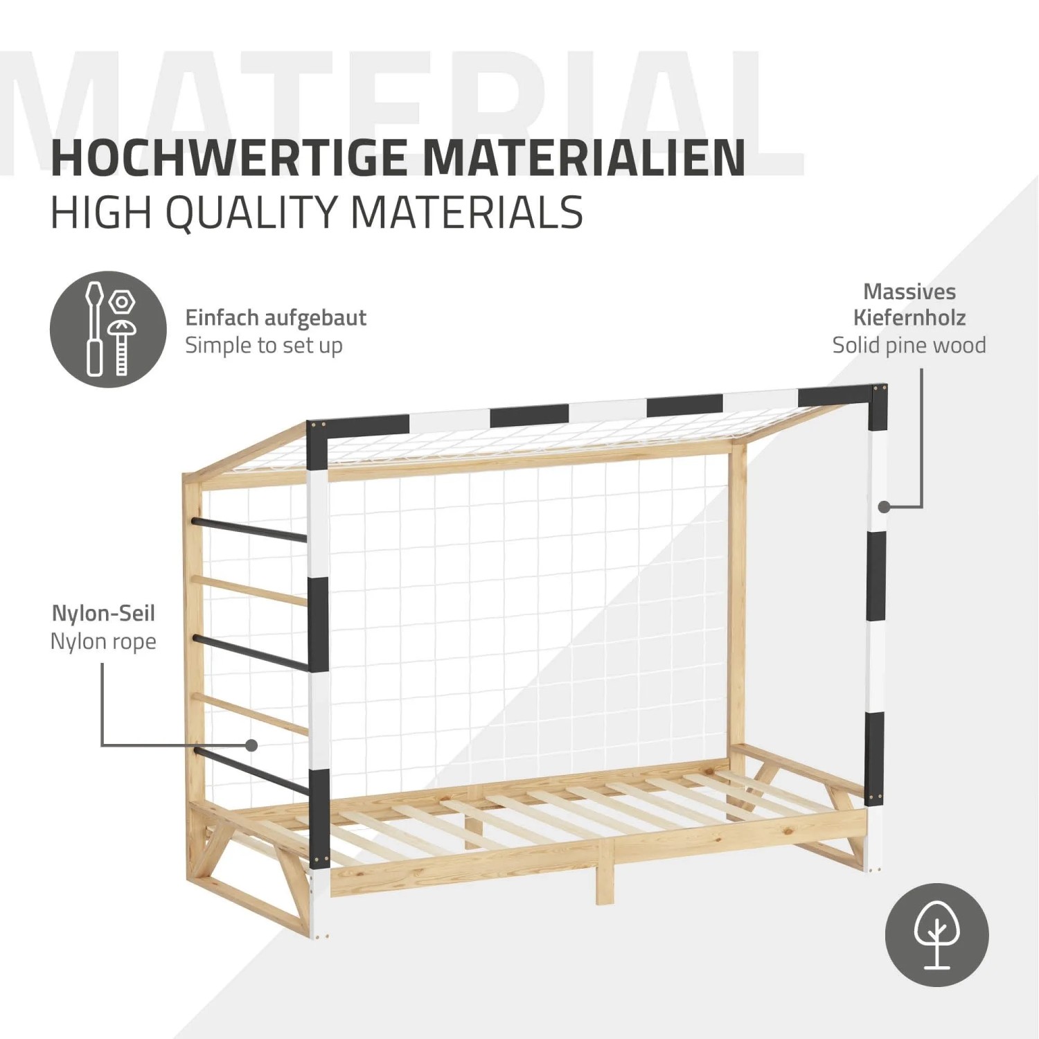 Kinderbett Fußballtor 90x200 cm aus hellem Kiefernholz, schwarz-weiß gestreift. Mit Netz und Lattenrost.