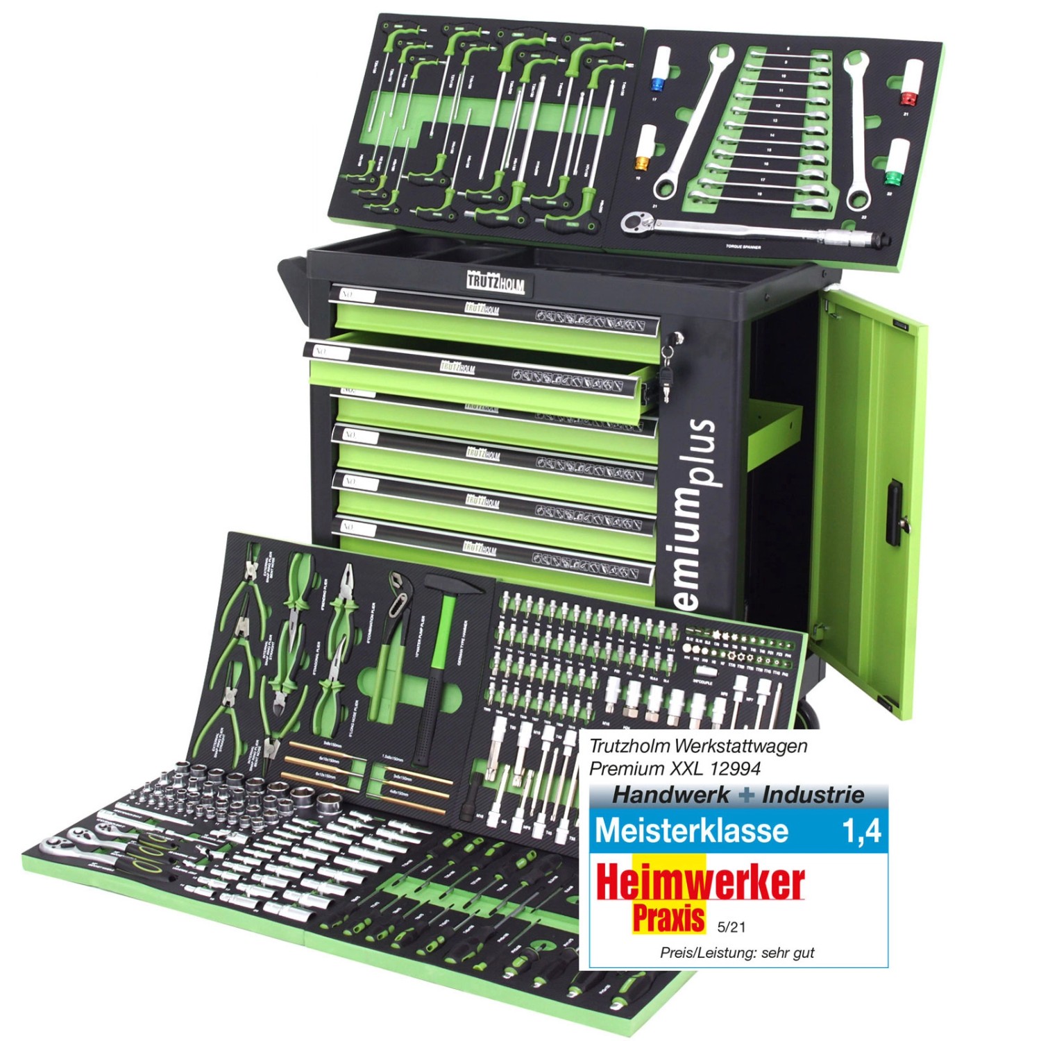 TRUTZHOLM Werkstattwagen Premium Plus Bestückt 254 Tlg 7 Schubladen Abschließbar Grün