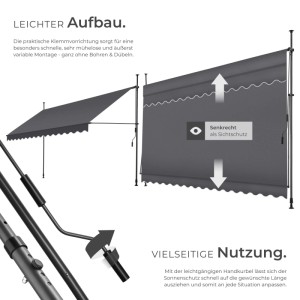 Tectake Klemmmarkise  Mit Handkurbel Uv Beständig 400 x 180 cm 180 x 400 x 304 cm Schwarz Grau