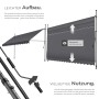 Graue Klemmmarkise mit Handkurbel als Sonnenschutz & vertikaler Sichtschutz. Detail der Teleskopstangen für einfache Montage.