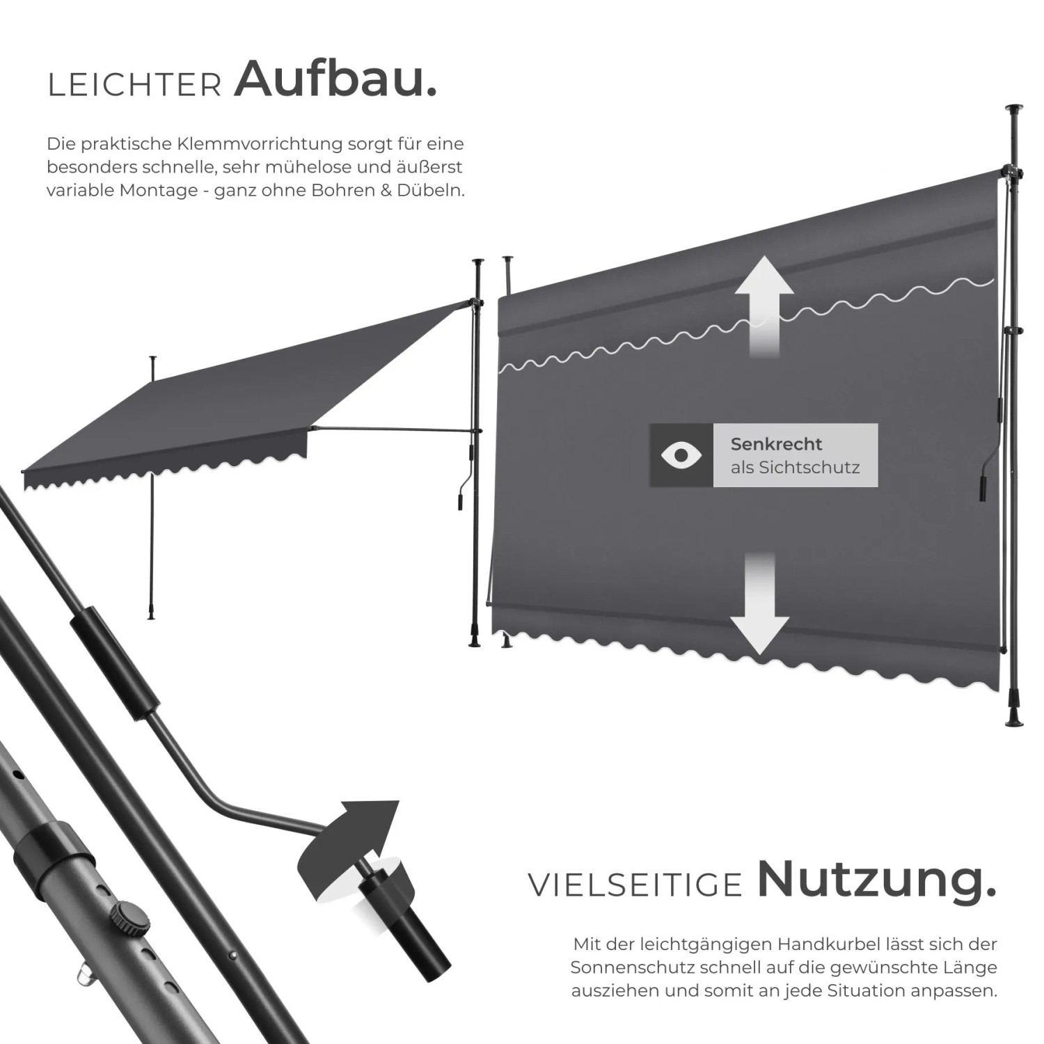 Graue Klemmmarkise mit Handkurbel als Sonnenschutz & vertikaler Sichtschutz. Detail der Teleskopstangen für einfache Montage.