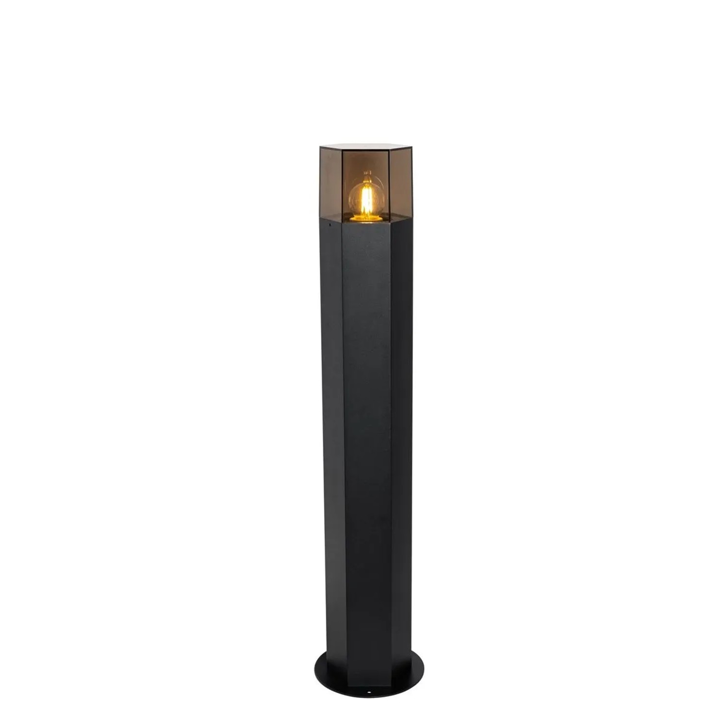 Schwarze QAZQA Außenleuchte Denmark, sechseckig, 70 cm hoch, mit Rauchglas-Schirm.