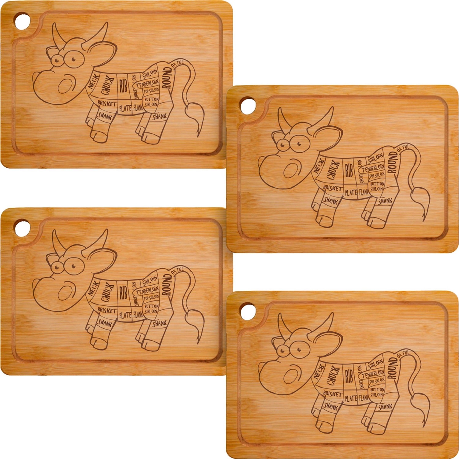 DuneDesign 4er Set Steakteller aus Bambus 33 x 23 x 2cm Motiv Comic-Kuh (Maße: 2cm | 33cm | 23cm)