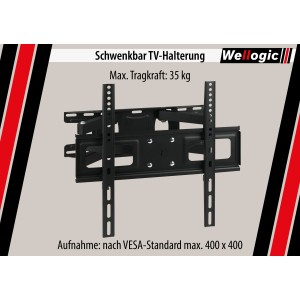 Wellogic TV Wandhalterung, schwarz, schwenkbar und neigbar, VESA 400x400, für 26-65 Zoll TVs, max. 35 kg.