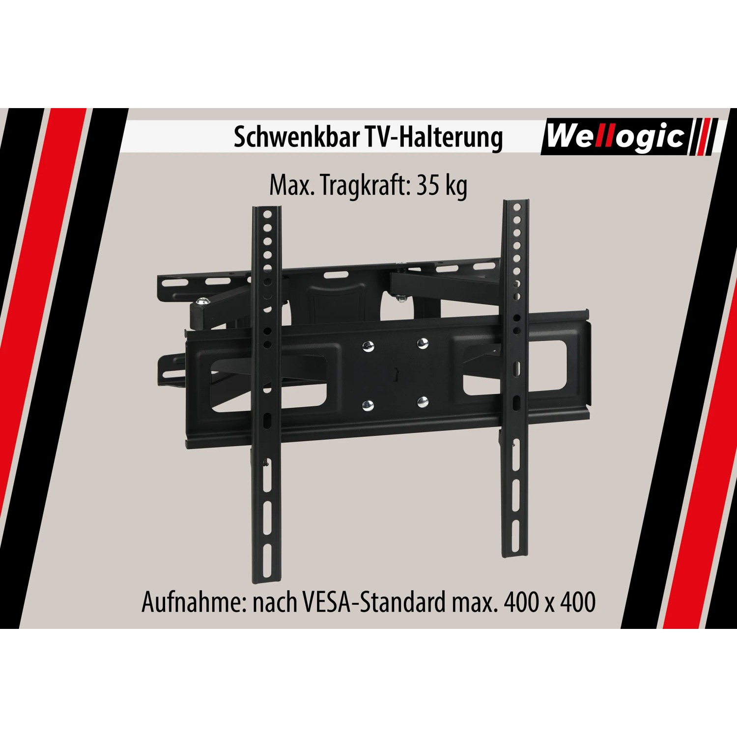 Wellogic TV Wandhalterung, schwarz, schwenkbar und neigbar, VESA 400x400, für 26-65 Zoll TVs, max. 35 kg.