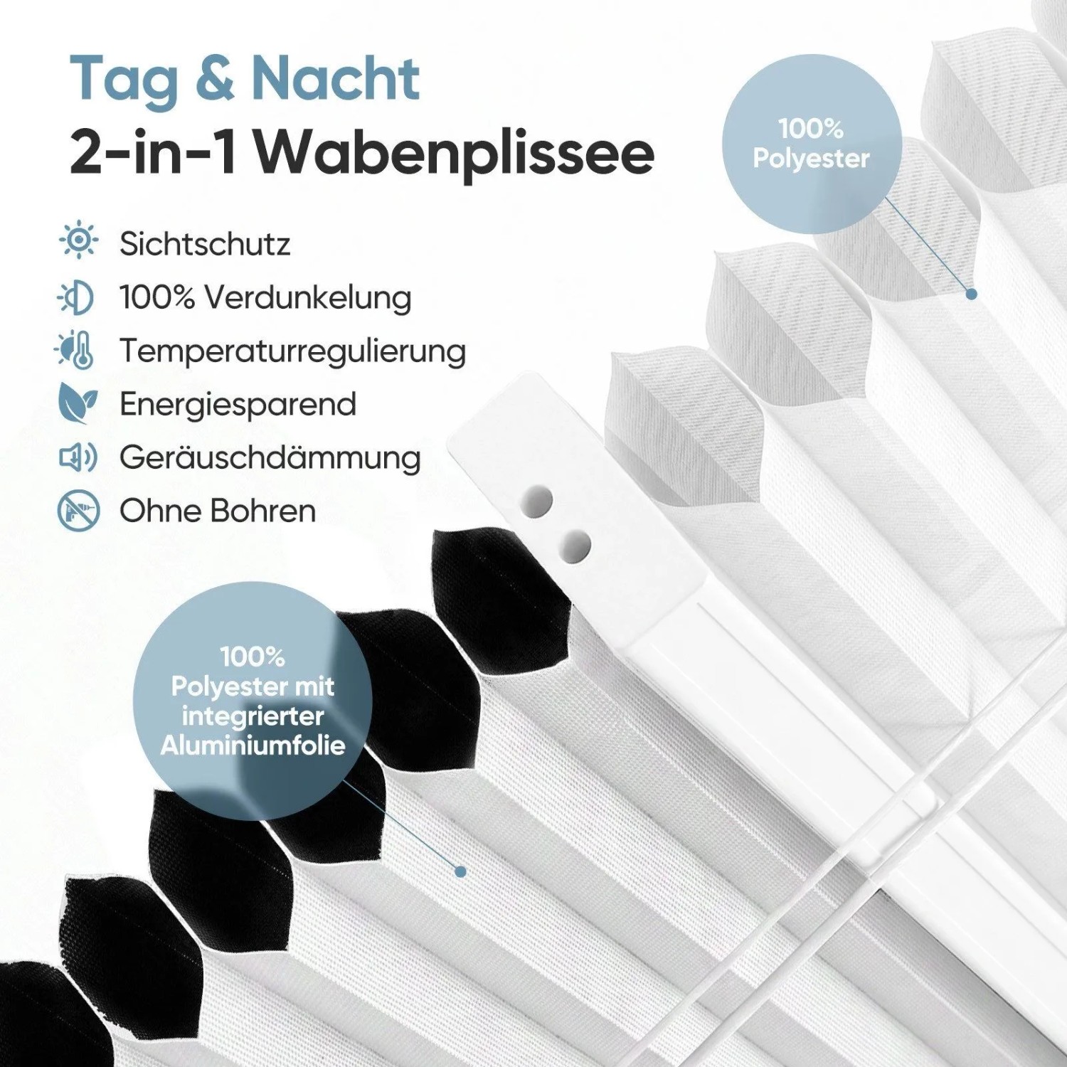 Weißes Tag&Nacht Wabenplissee Klemmfix ohne Bohren. Detailansicht des verdunkelnden und lichtdurchlässigen Stoffs.