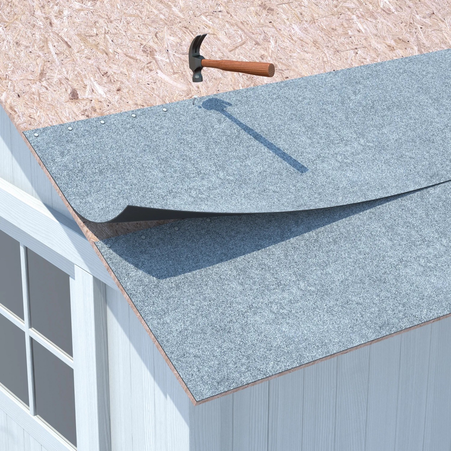 Silbergraue, selbstklebende Bitumen-Gartenhausbahn (2,5 m²) auf einem Gartenhausdach mit Hammer.