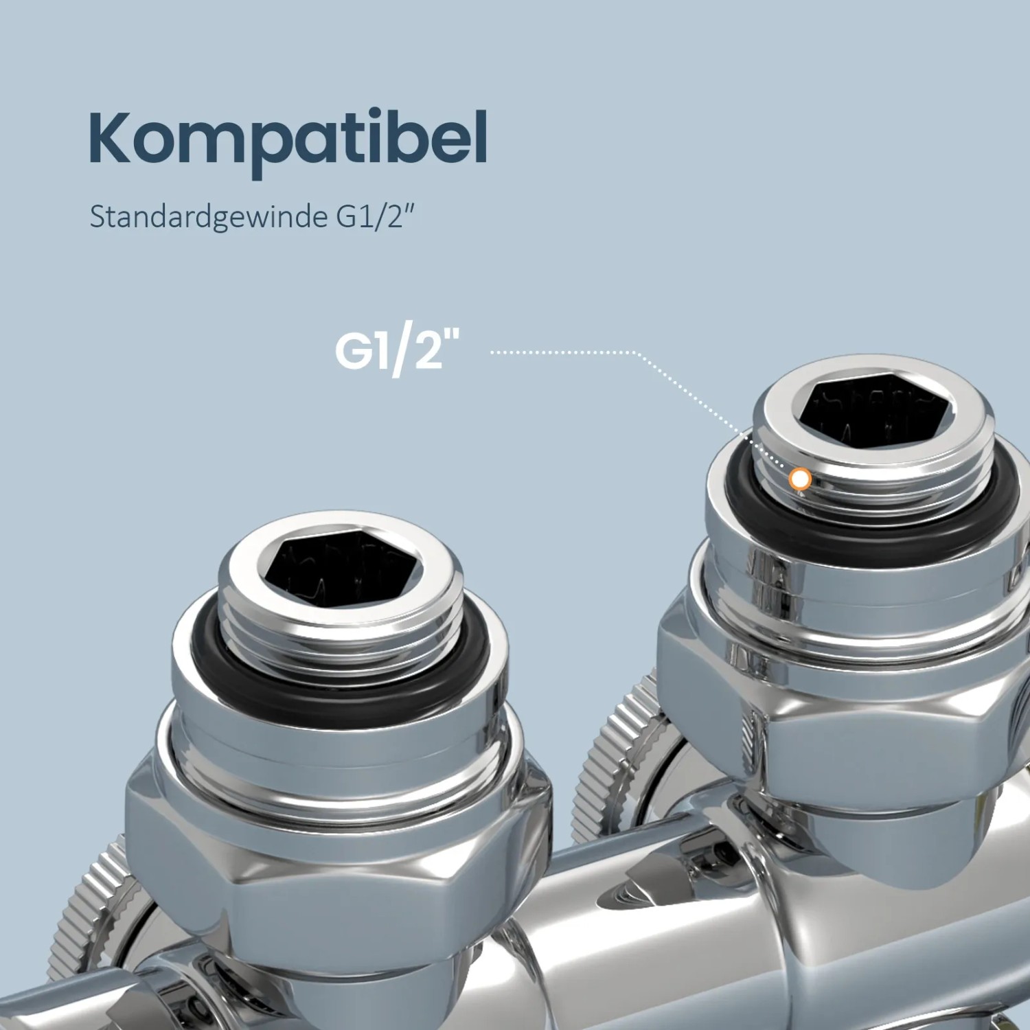 Emke Multiblock Ventil mit Thermostat, Chrom, Detailaufnahme der G1/2" Gewinde für Heizkörper-Installation.