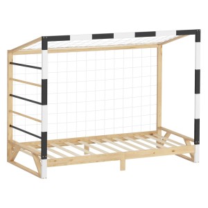 Ml-Design Kinderbett Fußballtor, 90x200 cm, Kiefernholz, schwarz-weiß. Bett im Fußball-Design mit Netz.